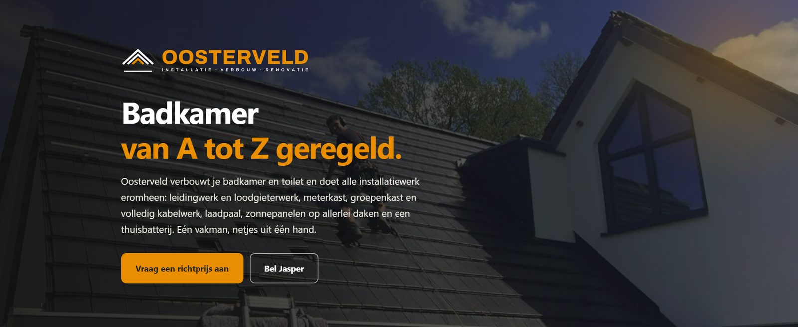 Homepage van Oosterveld met de kop Badkamer van A tot Z geregeld en de knop Vraag een richtprijs aan